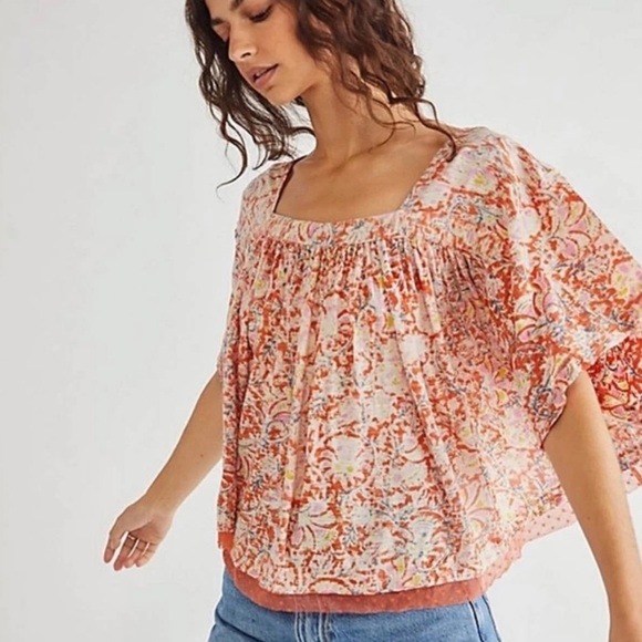NWT Free People Floral Orange Flutter Sleeve Cropped Top in Large - Picture 1 of 7